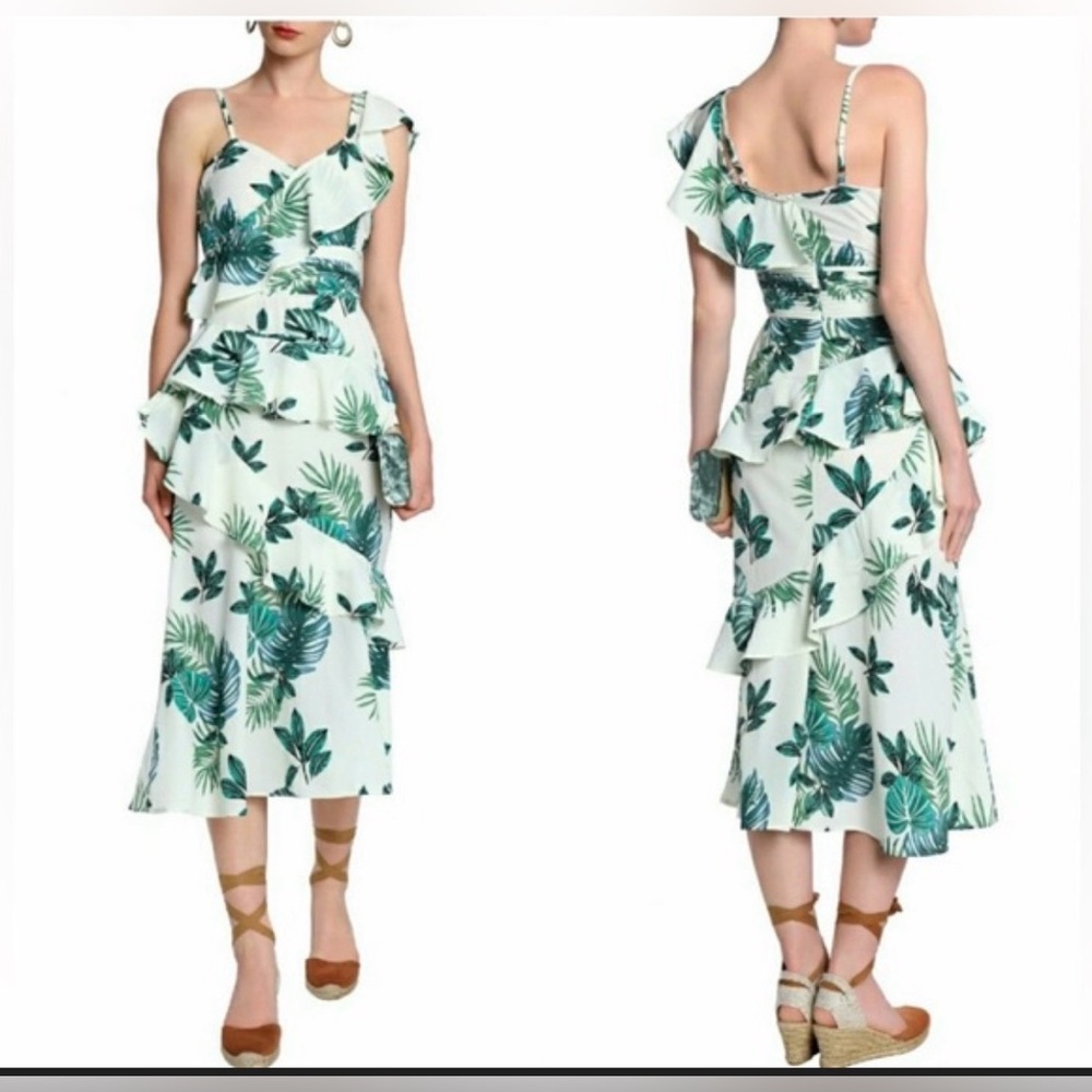 Walter Baker Tropical Inez Leaf Ruffle Maxi Dress Medium One Shoulder - Picture 1 of 7